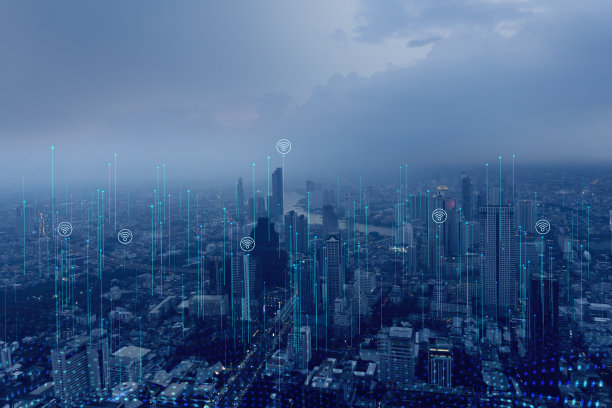 5G网络连接技术和智慧城市概念。美学错综复杂的波浪线设计横幅模板背景图片下载