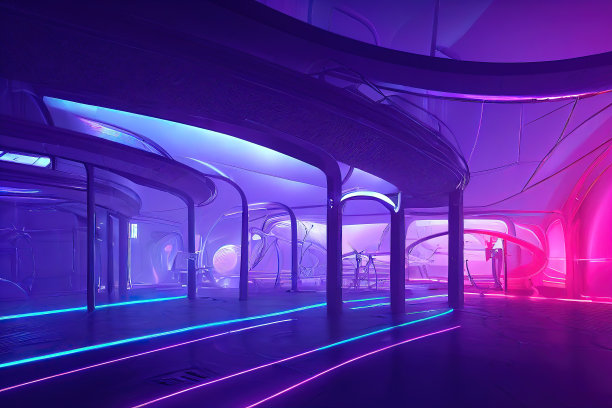 现代的未来主义地下停车场，走廊，仓库照明。舞台空无一人，房间里是紫色、粉色的霓虹色。有拱和拱顶的隧道。未来的设计背景。三维演示图片下载