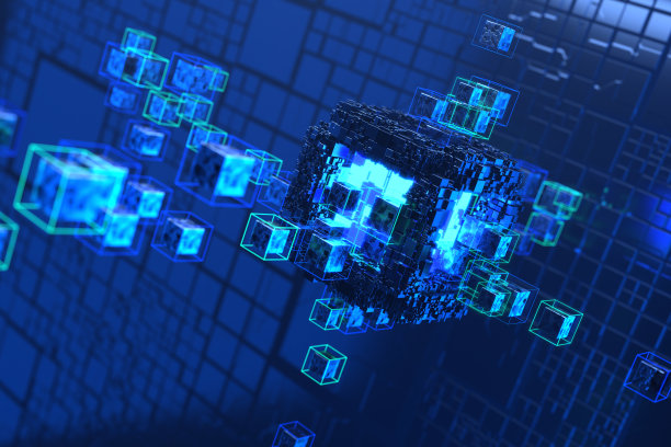 抽象的未来主义立方体形状的背景。区块链技术的概念。大数据。来自立方体的抽象背景。3 d渲染。图片下载