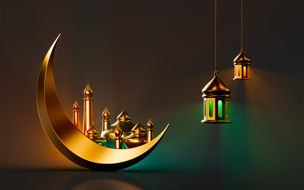 金色月亮灯图标与清真寺的黑暗背景发光3d图片下载