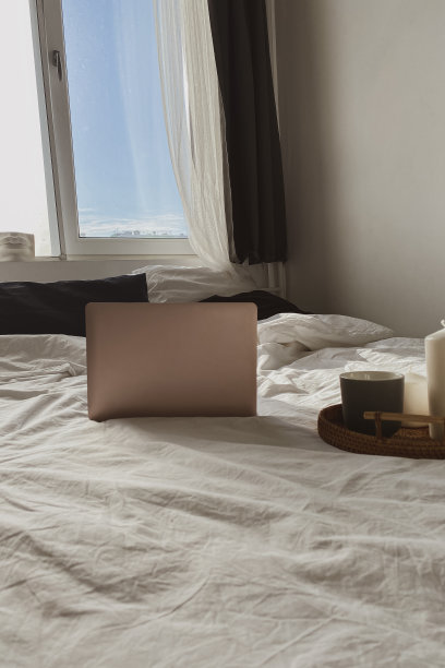 笔记本电脑在舒适的家庭内部的皱褶床上。自由职业者或外包在家工作，在家创业的概念。图片下载