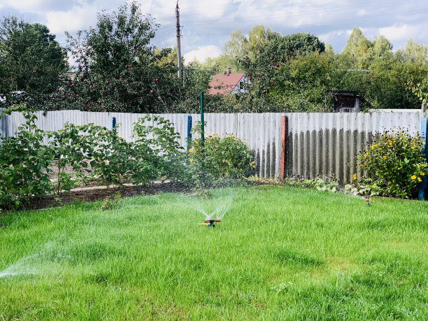 在草坪上安装不同旋转洒水装置的景观自动花园浇水系统。图片下载