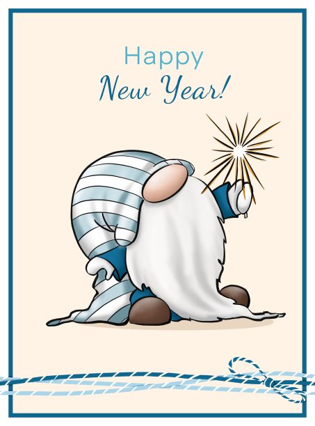 可爱的侏儒在羊毛帽子与烟花和闪光。圣诞和新年垂直明信片与蓝色框架和模仿装饰长袍。卡通风格的侏儒集合。图片下载