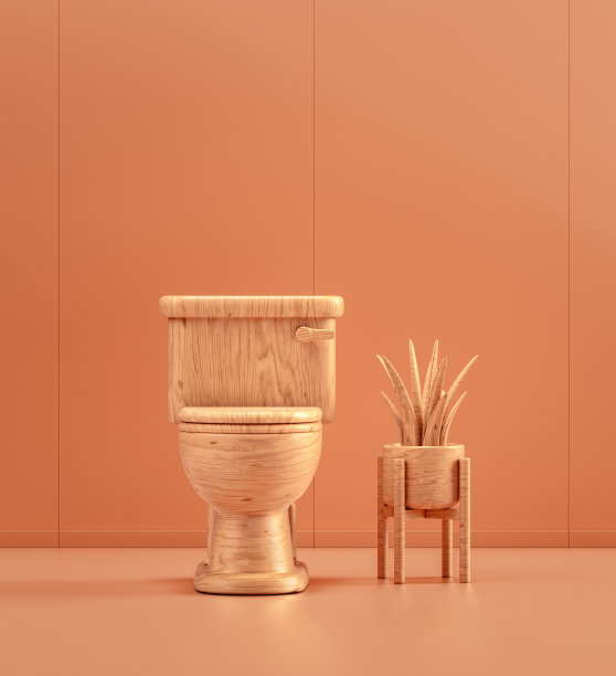 在单色房间里有植物的木制卫生间，3d渲染图片下载