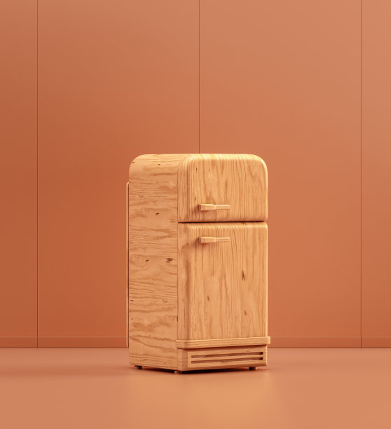 单色厨房木制老式冰箱，3d渲染图片下载