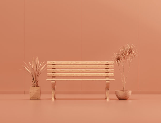 单色室内公园长凳和植物，3d渲染图片下载