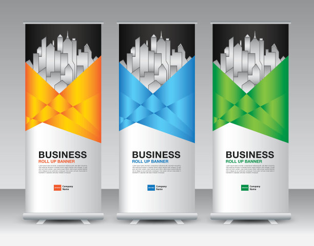 卷起来的横幅模板设置，卷起来的横幅设计，横幅架或旗帜设计，j旗，x架，x横幅，展览展示，展台设计，海报，广告，几何背景模板，矢量图片下载