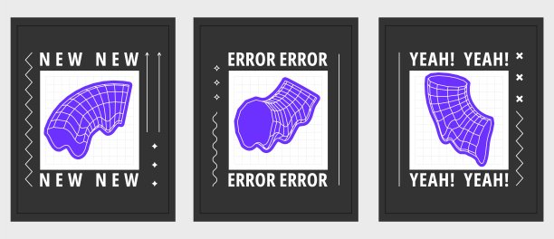 一组海报与几何扭曲形状或时髦的野兽主义风格元素。平面矢量插图与三维线框模型。概念迷幻技术风格。图片下载