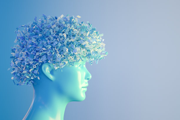 带有爆炸粒子的生化人头，几何形状，人工智能概念，头脑风暴图片下载