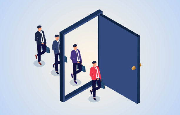 等距的商人们走在门里面，新的工作和挑战，成功之门，成功之路图片下载