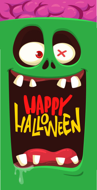 卡通有趣的绿色僵尸人物设计与恐怖的面部表情。万圣节矢量插图孤立的白色。晚会海报、包装设计图片下载