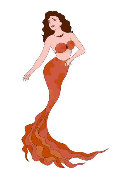 一个美人鱼女孩的插图，棕色的头发，橙色的尾巴，脖子上戴着项链图片下载