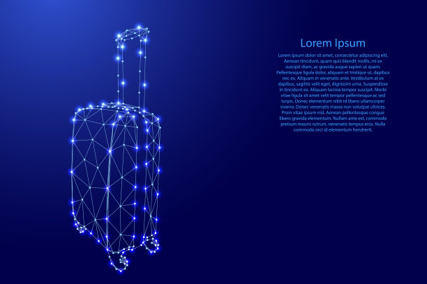 车轮上的行李箱，旅行袋从未来多边形蓝色线和发光的星星横幅，海报，贺卡。低聚的概念。矢量插图。图片下载