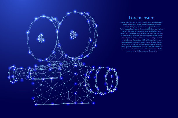 电影摄像机，摄像机，电视，从未来的多边形蓝色线和发光的星星横幅，海报，贺卡。低聚的概念。矢量插图。图片下载