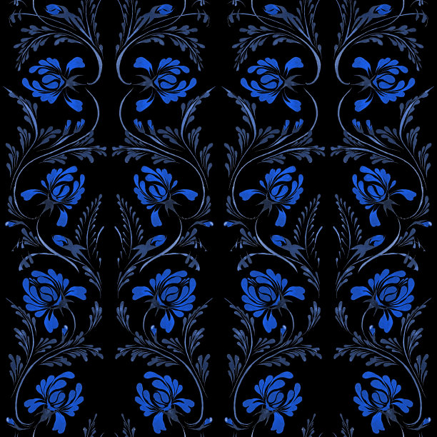 乌克兰民间绘画风格彼得里基夫卡。花卉水彩无缝图案由蓝色玫瑰和牡丹花和叶在黑色背景图片下载