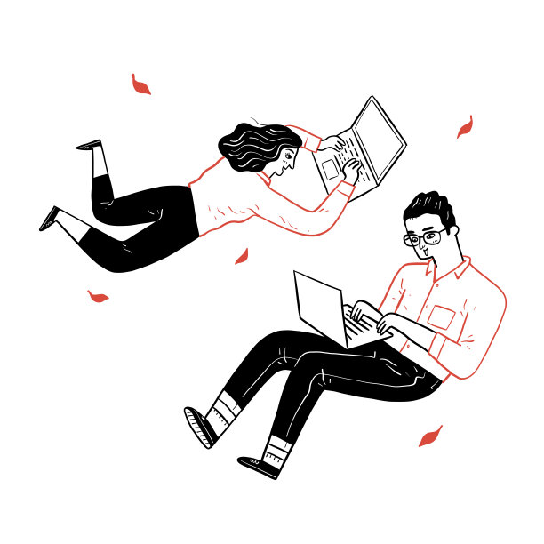 年轻人一边在笔记本电脑上工作，一边感觉自己就像漂浮在空中。图片下载