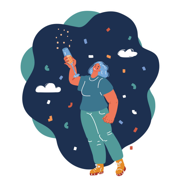 拿着香槟庆祝的女人的卡通矢量插图图片下载