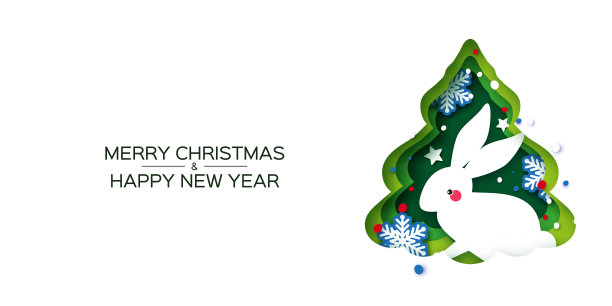 圣诞树和兔子。新年和圣诞节传统的象征树与雪花和星星剪纸风格。寒假。空间的文本。绿色的。图片下载