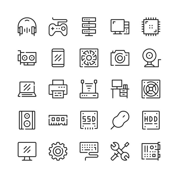 计算机硬件线图标。大纲符号。矢量线图标集图片下载