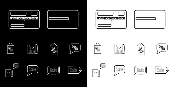 购物和电子商务图标集。在黑白背景上。向量图片下载