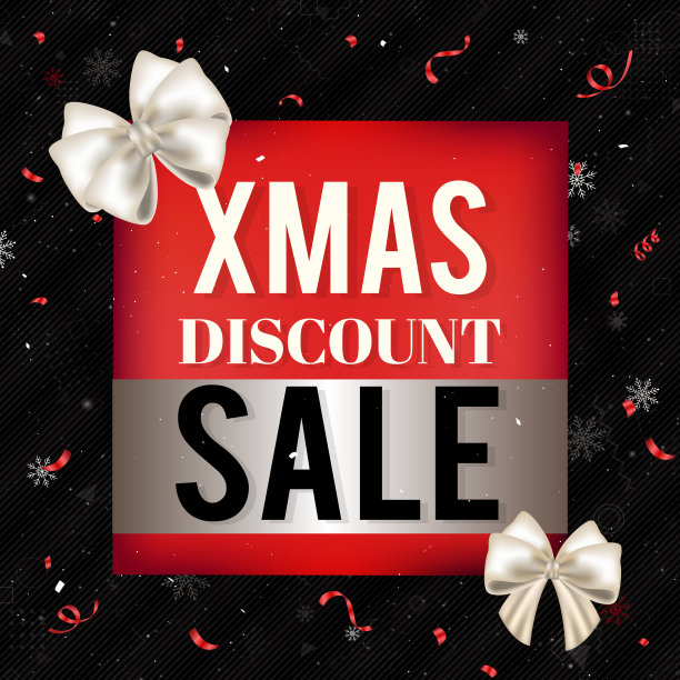 红色圣诞销售横幅与白色丝绸蝴蝶结，五彩纸屑和雪花在黑色背景图片下载
