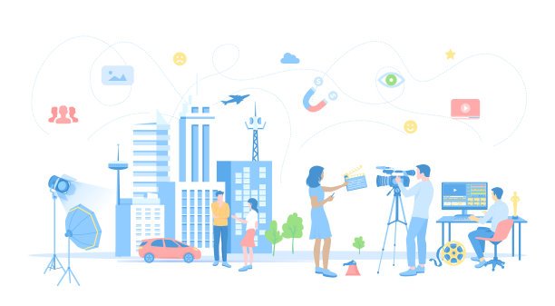 电影制作。户外电影场景。用演员、摄像机、灯光、麦克风拍摄影片。电影导演，摄影师，视频编辑。矢量插画平面风格。图片下载