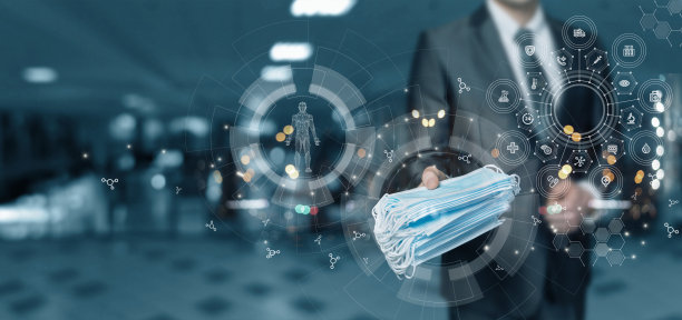 一名男子在虚拟电脑屏幕前拿出防护口罩。图片下载