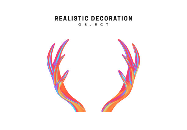 鹿和麋鹿的角。三维物体用渐变全息彩色全息图。装饰设计元素孤立在白色背景。矢量插图。图片下载