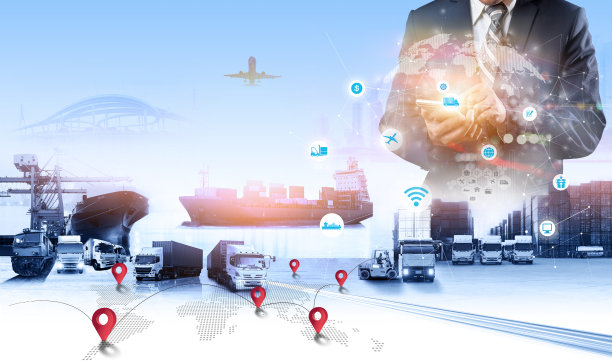 全球物流网络分布虚拟界面面板，集装箱货物货运列车，航空货运卡车，铁路运输和海运，全球在线货物订单图片下载