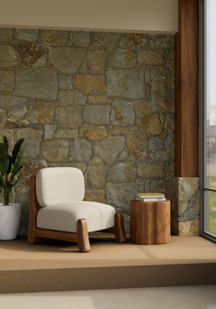 舒适的现代经典复古家居客厅室内设计与舒适的沙发椅子和石墙图片下载