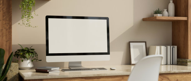 现代和舒适的工作空间，桌上有白色的pc台式电脑模型图片下载