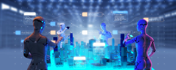 智能城市元跨物联网互联网网络技术3D机器人与城市建筑模型协同工作，具有数字大数据分析的计算机编码接口，未来生活互联网技术。图片下载