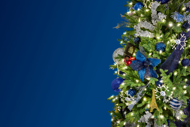 圣诞树上有蓝色和银色的装饰，蓝色背景上有闪闪发光的灯。圣诞节和新年背景。本空间图片下载