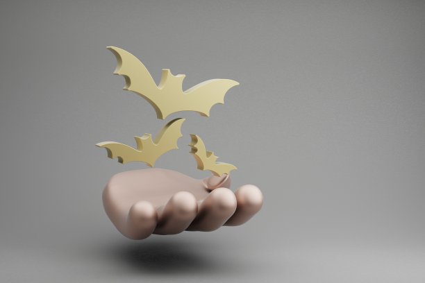 美丽的抽象插图金色的手握万圣节蝙蝠符号图标在灰色的背景。3 d渲染插图。设计的背景图案。万圣节的一天。图片下载