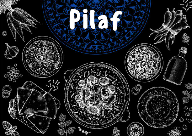 肉抓饭的烹饪和食材，速写插图。中东美食框架。乌兹别克食物，设计元素。手绘，包装设计。阿拉伯食物图片下载