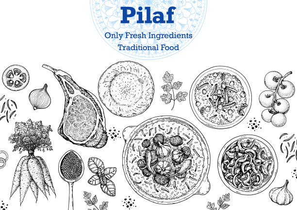 肉抓饭的烹饪和食材，速写插图。中东美食框架。乌兹别克食物，设计元素。手绘，包装设计。阿拉伯食物图片下载