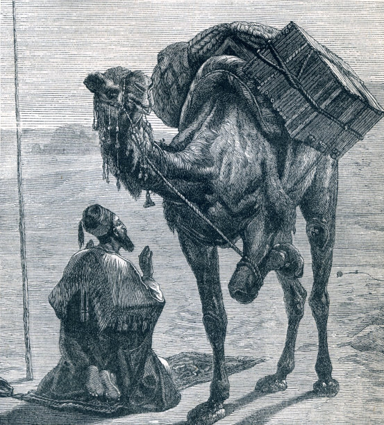 19世纪插画：埃及人在沙漠中祈祷，骆驼在旁图片下载