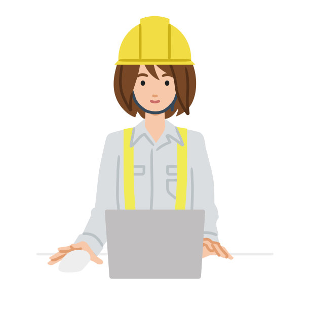 一名在建筑工地工作的妇女在办公桌上使用笔记本电脑图片下载