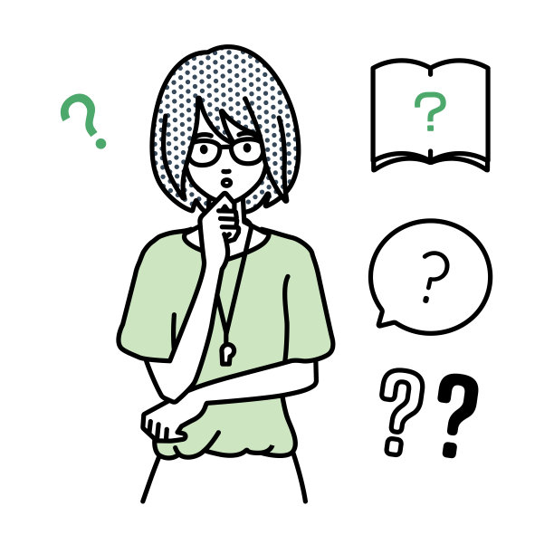 一名女教师拿着考卷站在那里，手指放在下巴上的问号上图片下载