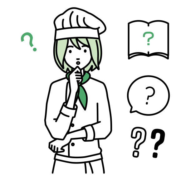 一个女厨师拿着一个问题站在她的手指在她的下巴问号设置图片下载