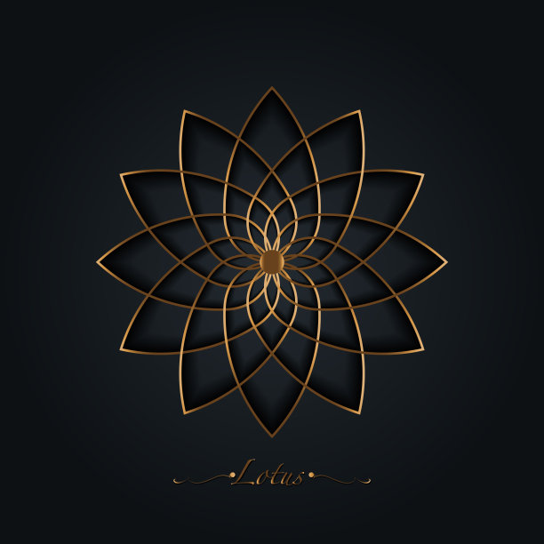 金莲花，神圣几何曼荼罗，风格化圆形装饰，金线艺术花标志。花开象征瑜伽、spa、美容院、化妆品、休闲、品牌风格。矢量被隔离在黑色背景上图片下载