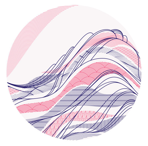 抽象的东方日本艺术矢量背景在圆形，传统风格的设计，波浪状的形状和山峦地形景观，流水般的海线。图片下载