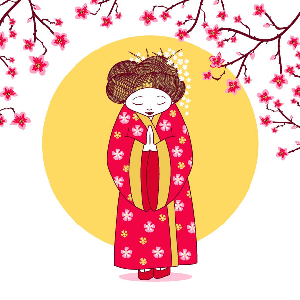 年轻女子穿着日本和服和樱花树装饰。矢量日本传统时尚风格的衣服在黄色的太阳背景图片下载