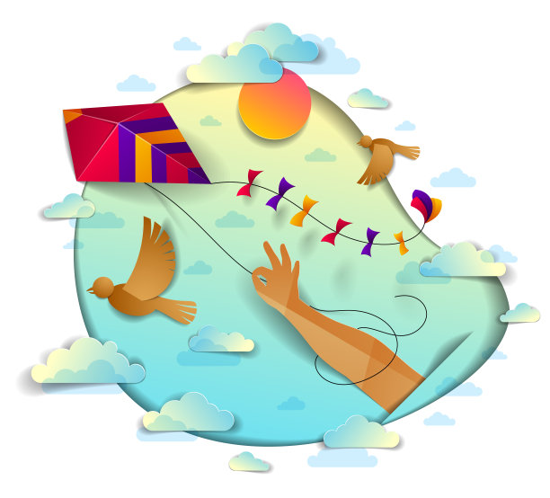 手拿风筝在多云的天空鸟儿飞翔和阳光，自由和轻松的情感概念，矢量现代风格的剪纸3d插画。图片下载