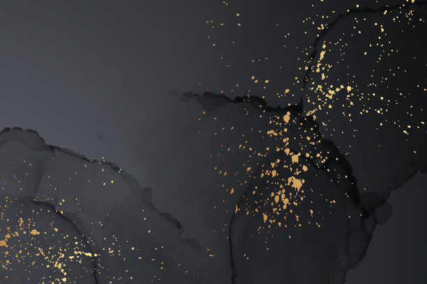 水彩背景与抽象的黑色墨水波和金色的飞溅。图片下载