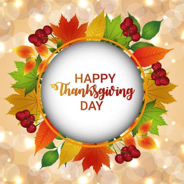 感恩节贺卡上有火鸡、南瓜和秋叶图片下载