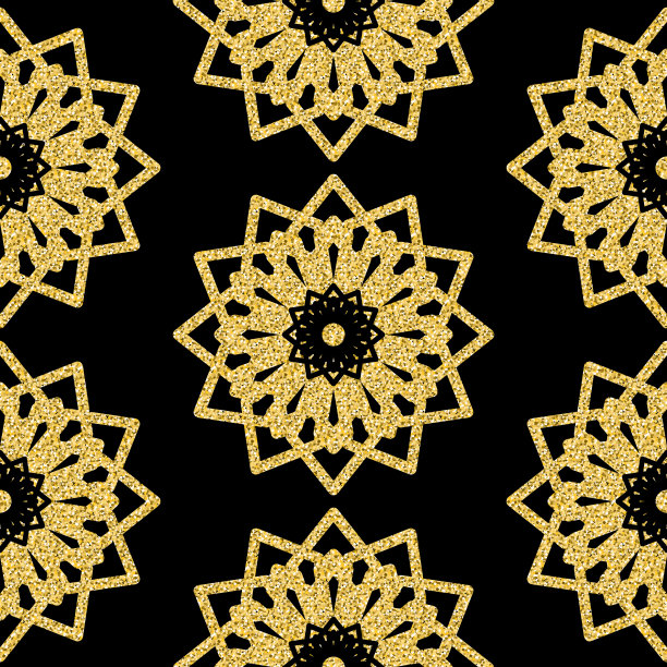 阿拉伯无缝图案黑金闪烁的颜色，豪华瓷砖马赛克阿拉伯式对称闪方图案为设计图片下载