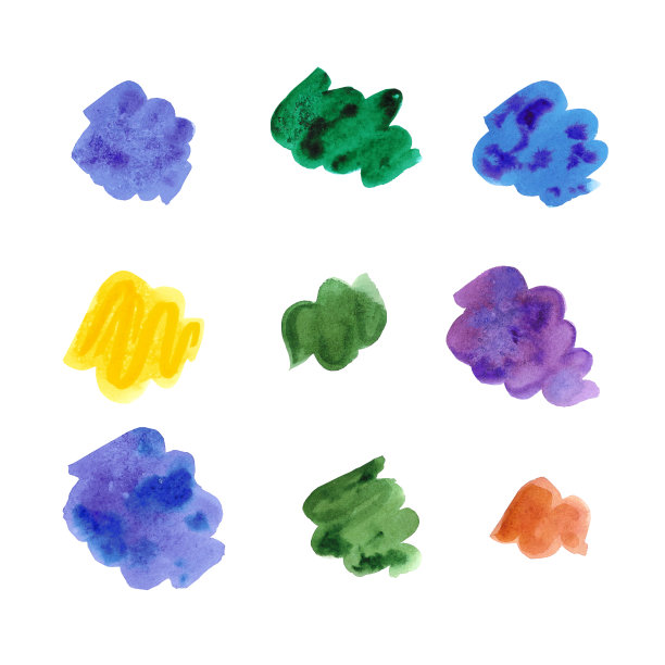 手绘水彩在白色背景上的绿色，蓝色和紫色斑点。剪贴簿设计元素。排版海报，婚礼请帖，明信片，标签，横幅设计。图片下载