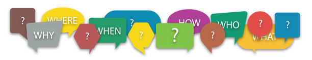带有问号的彩色演讲气泡。问题是谁，什么，如何，为什么，为了什么，在哪里。人与人沟通的概念。说英语。思考。询问。剪纸插图。图片下载