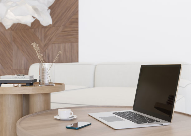 笔记本电脑和智能手机放在家里的桌子上。远程教育、课程、在线培训、学习理念。在家工作，在线工作。通过互联网购物。电子商务。现代的室内。3 d渲染。图片下载